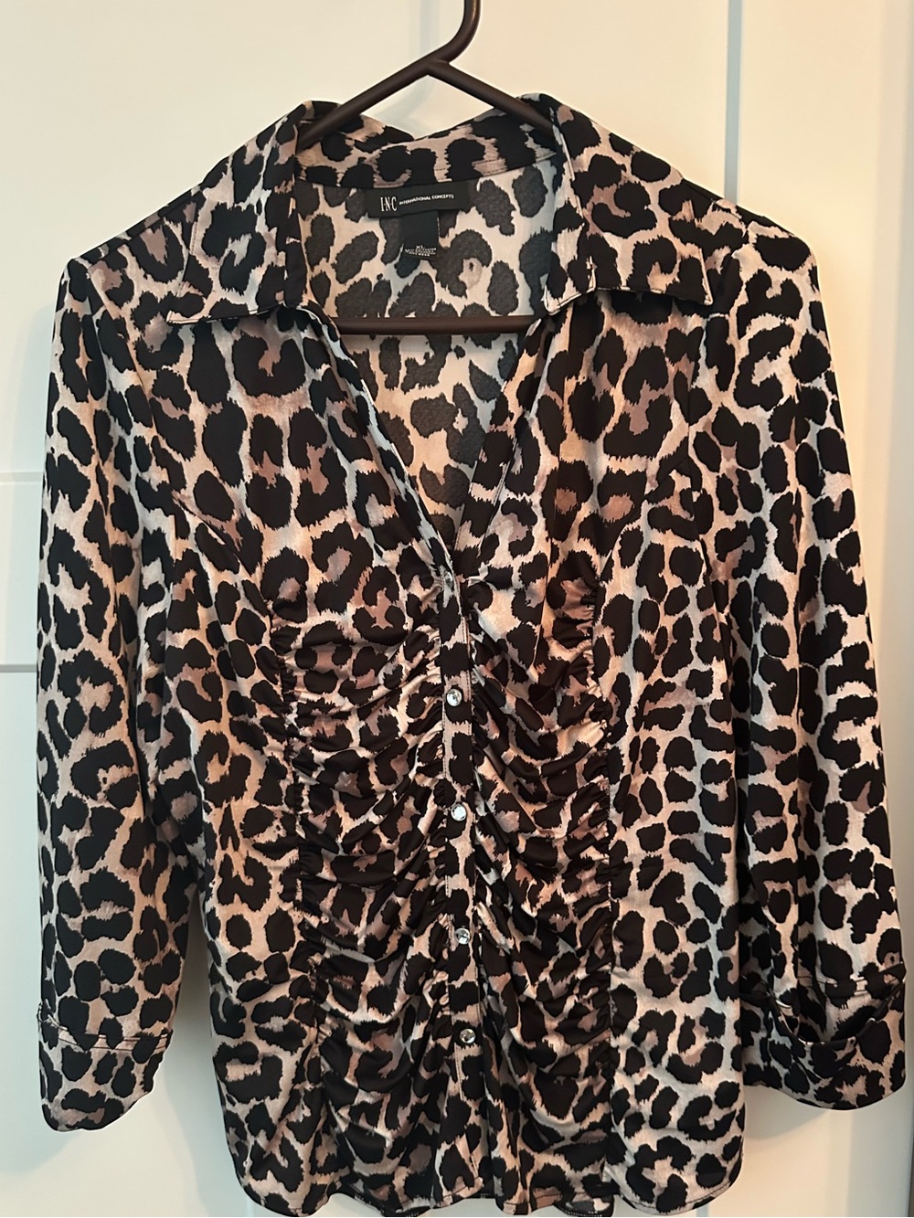 INC International Concepts Brown Leopard Print Ruched Button-Front Blouse